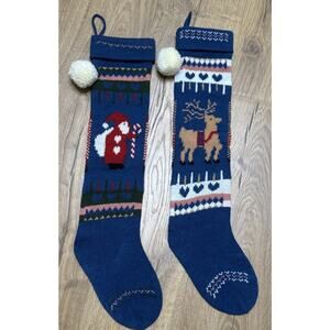Vintage Christmas Stockings Pair Blue Fair Isle Santa Reindeer Candy Cane Set